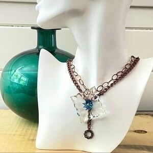 🐢🌎HandCrafted Dual Copper Chain Acrylic Button Statement Necklace Upcycled